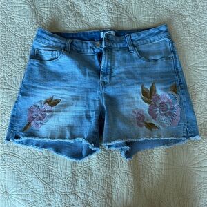 Kensie Blue Jean Shorts with Pink Floral Embroidery